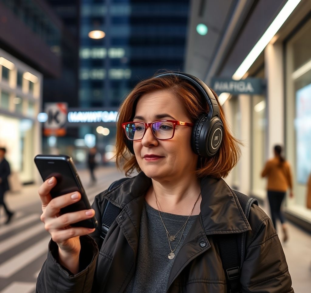 Person using a mobility aid with navigation technology in an urban setting