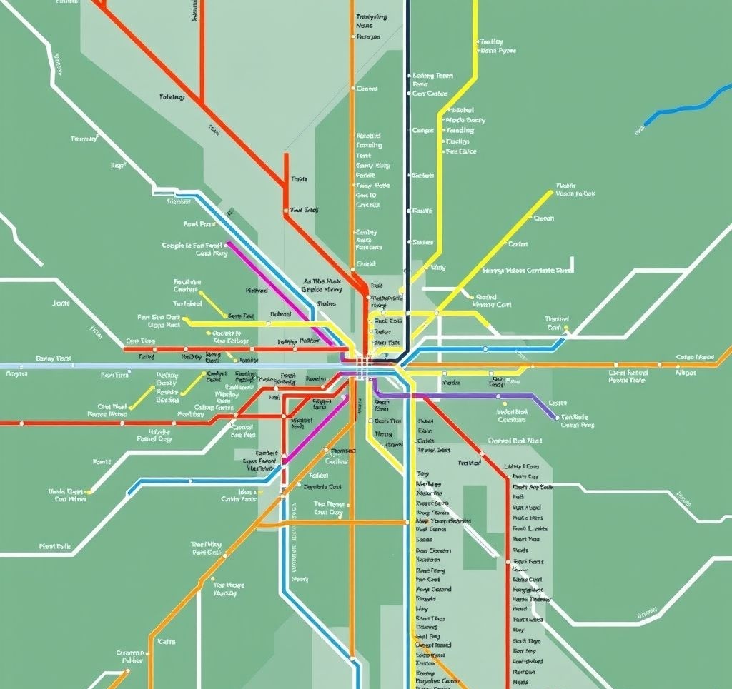 Complex urban transit map with multiple intersecting lines
