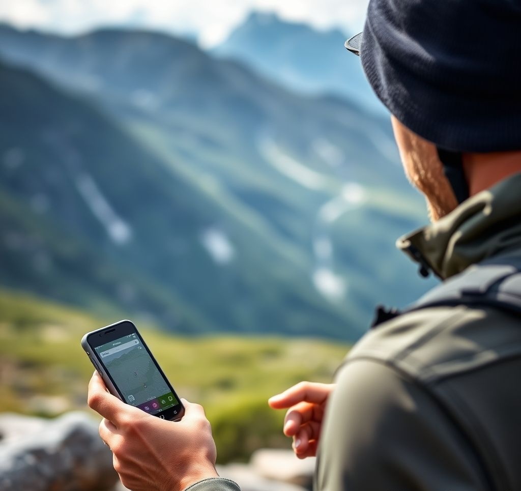 Hiker using GPS device alongside paper map in remote area