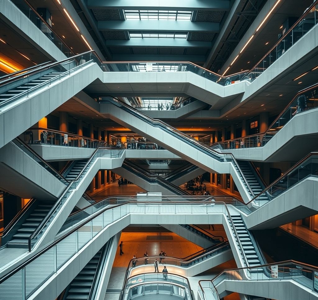 Multi-level urban environment with walkways, underground concourses and elevated platforms