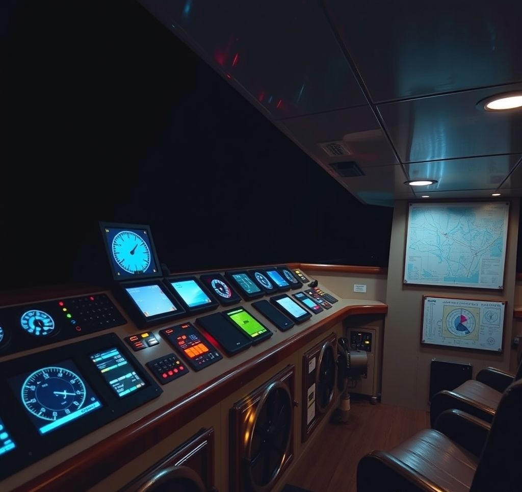 Marine navigation station at night showing illuminated instruments and charts