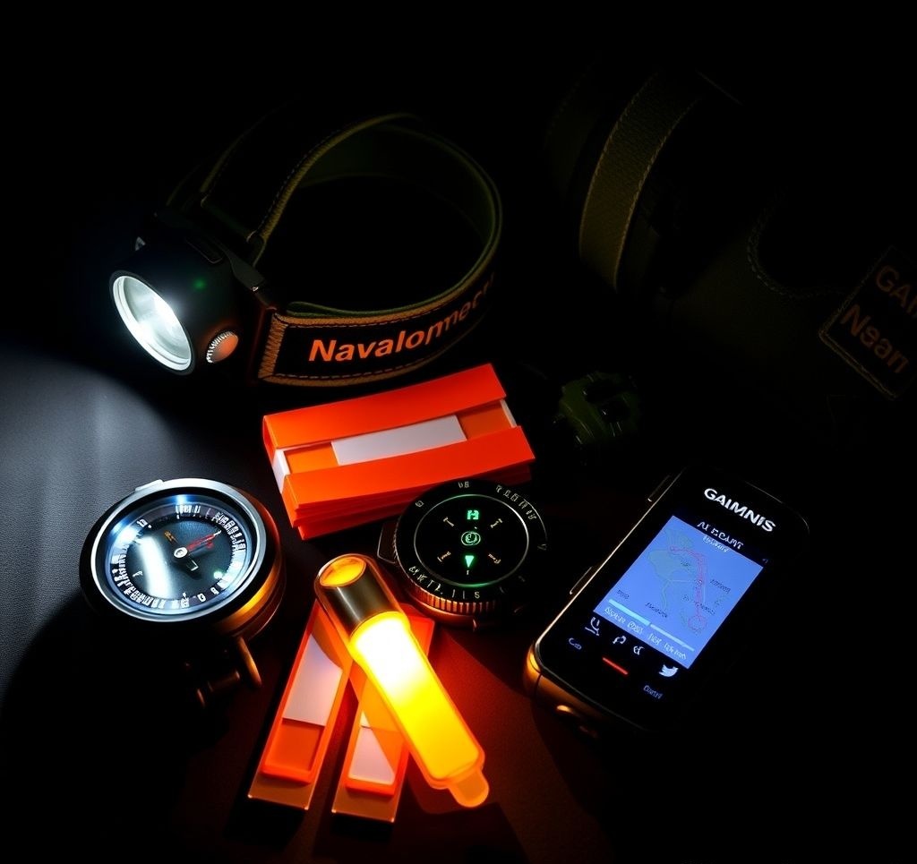 Essential night navigation equipment laid out including headlamp, compass, map and GPS device