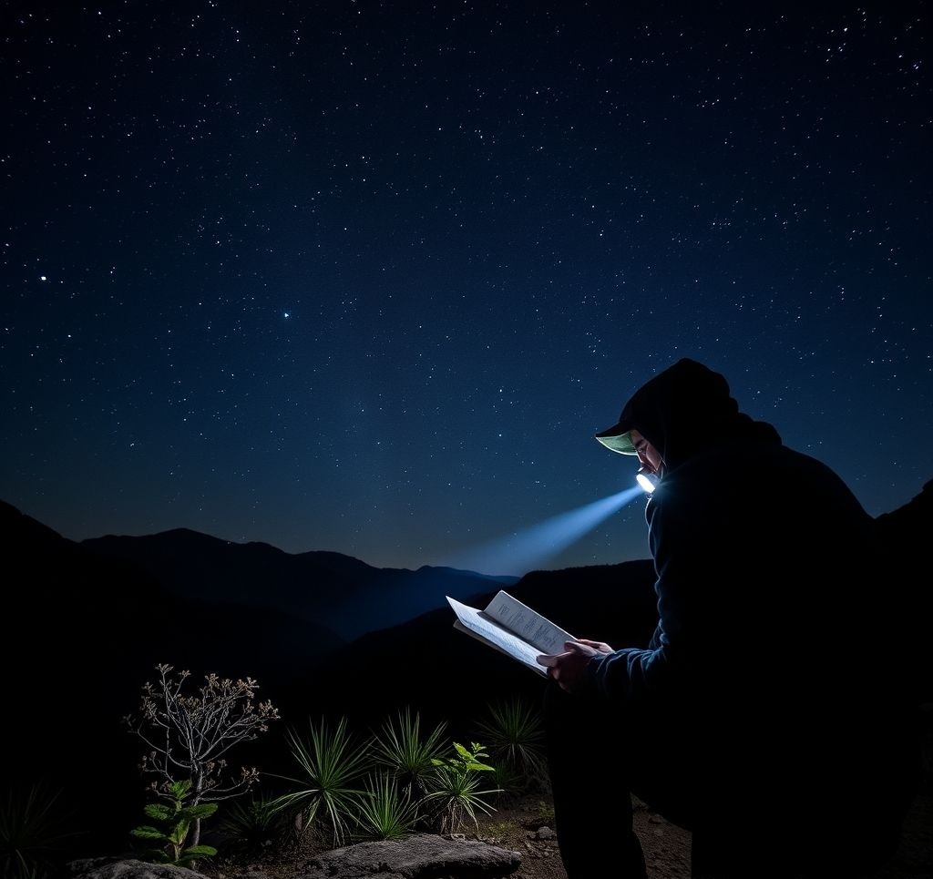 Hiker navigating a mountain trail at night with headlamp