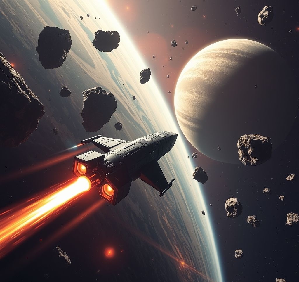 Spacecraft navigating through challenging space environment with Earth in background