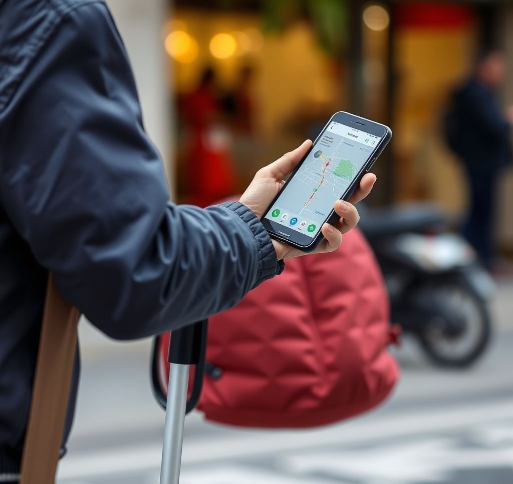 Person using smartphone with navigation app designed for visual impairments