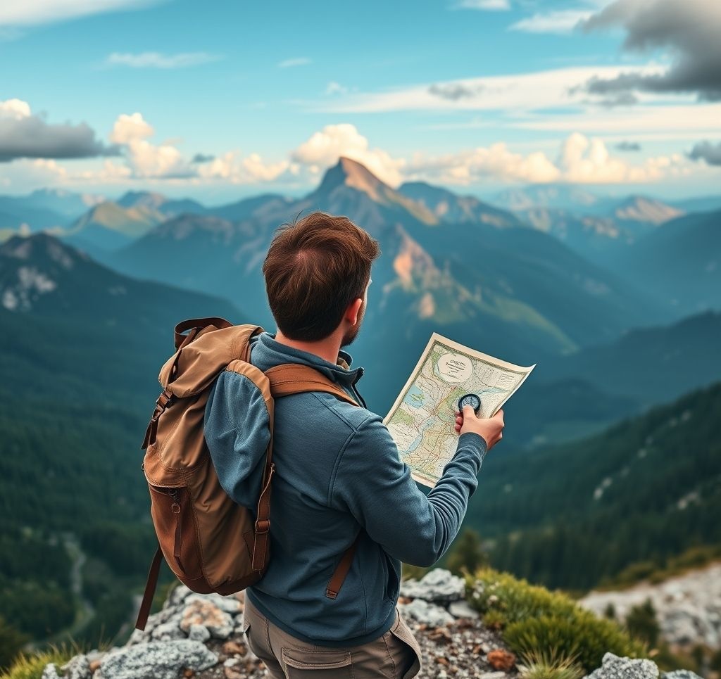 Hiker consulting map and compass on mountain ridge