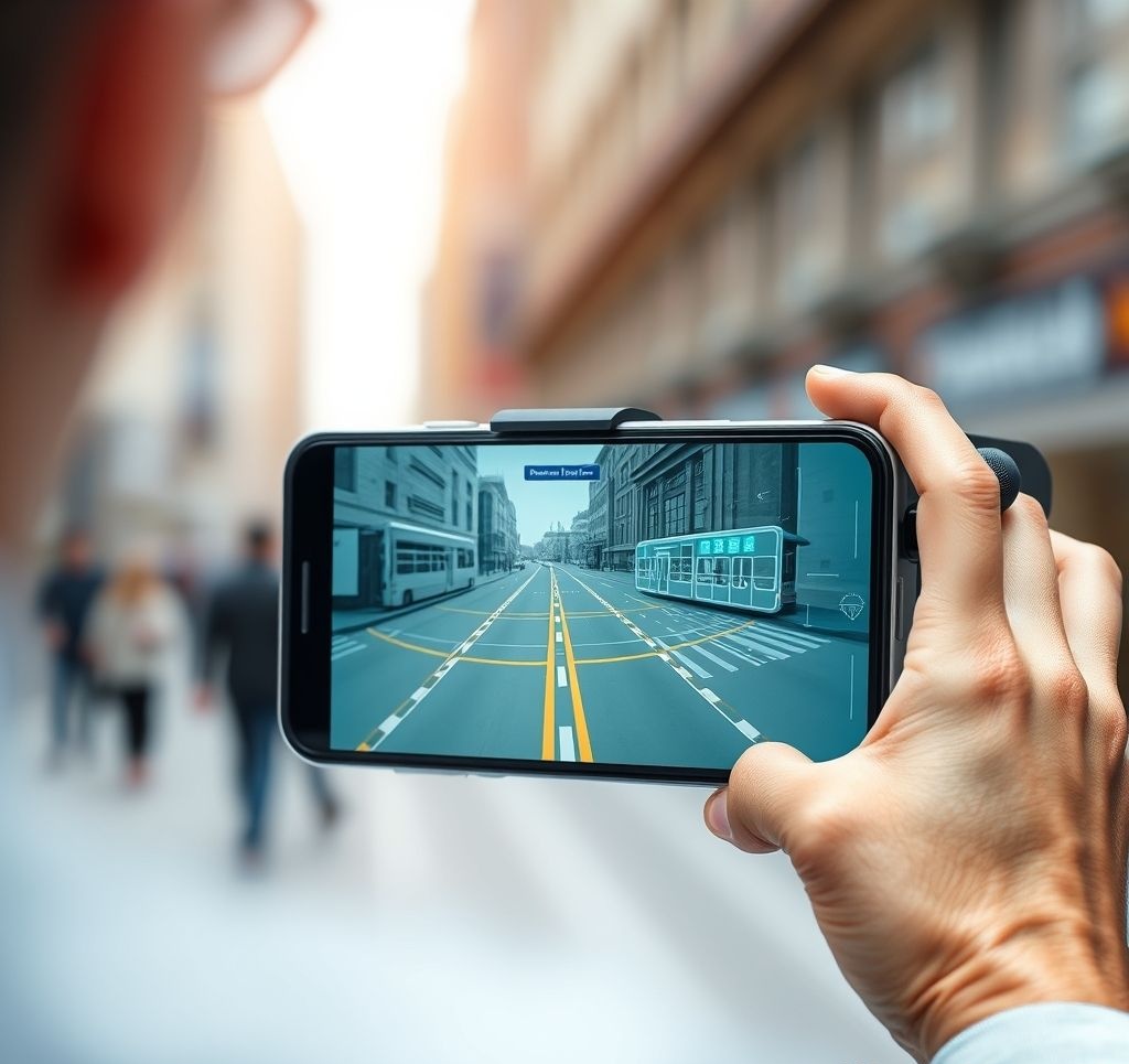 Augmented reality navigation overlay showing directions on a smartphone camera view