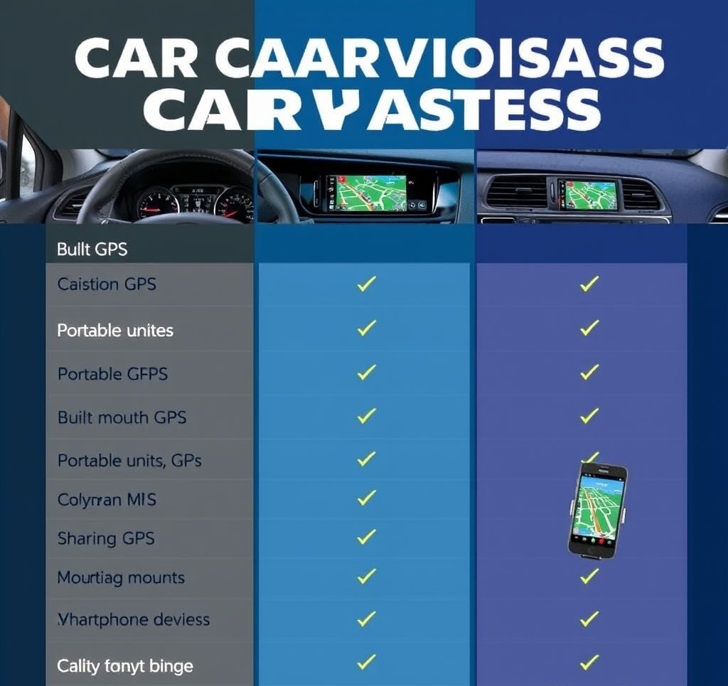 Various types of car navigation systems including built-in systems, smartphone solutions, and portable devices