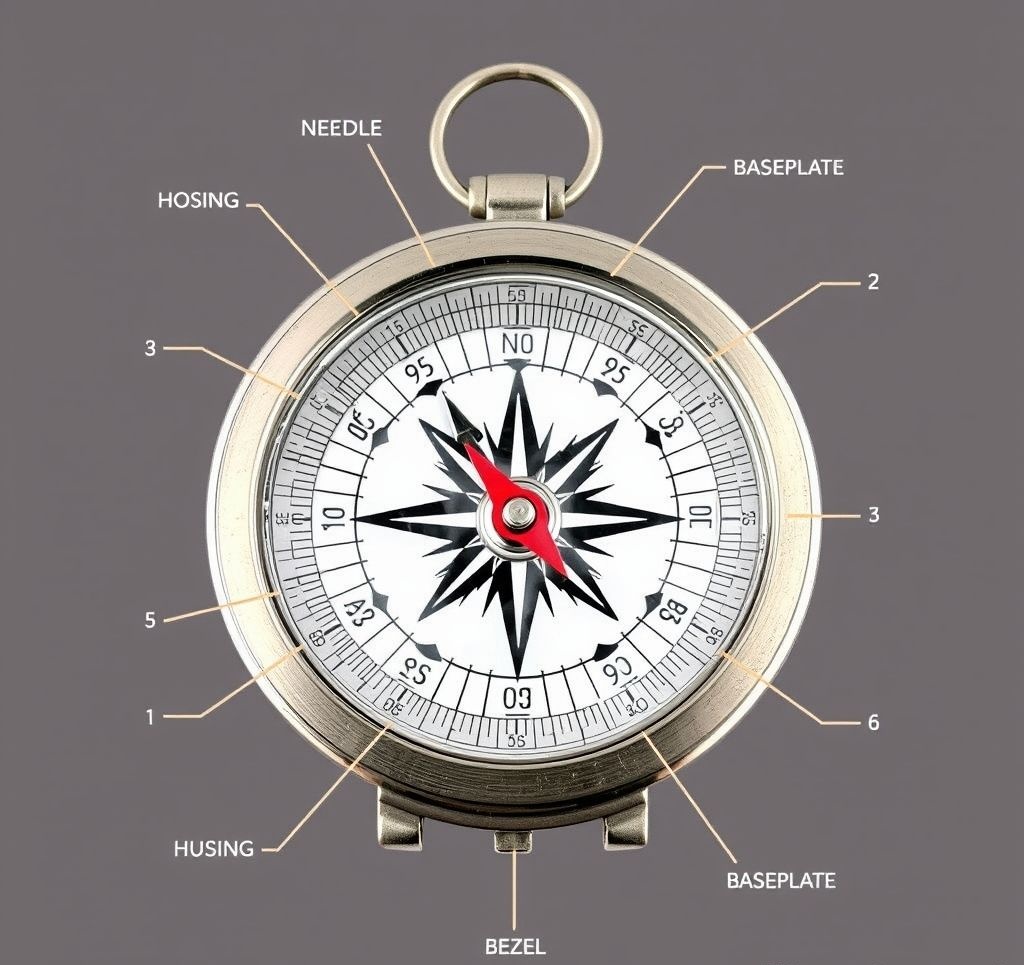 Labeled diagram of a baseplate compass showing key components