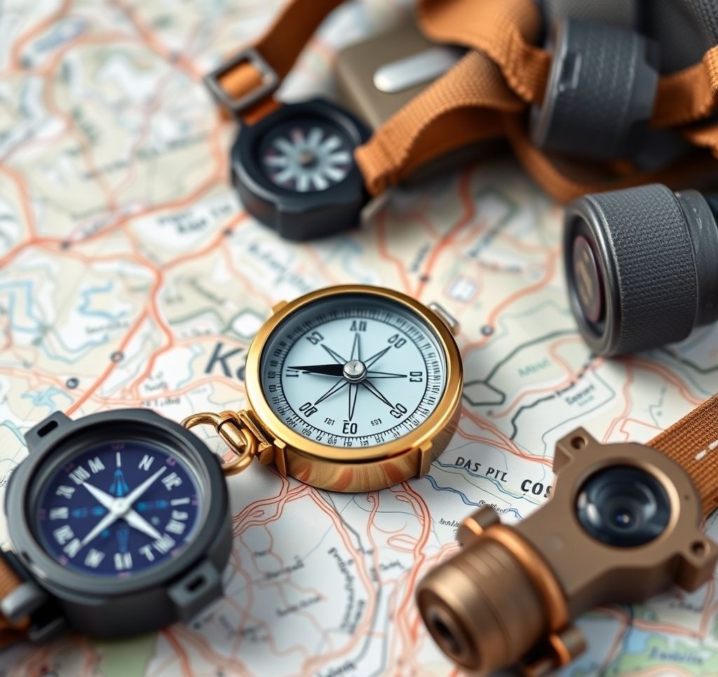 Person navigating with compass and map in wilderness setting