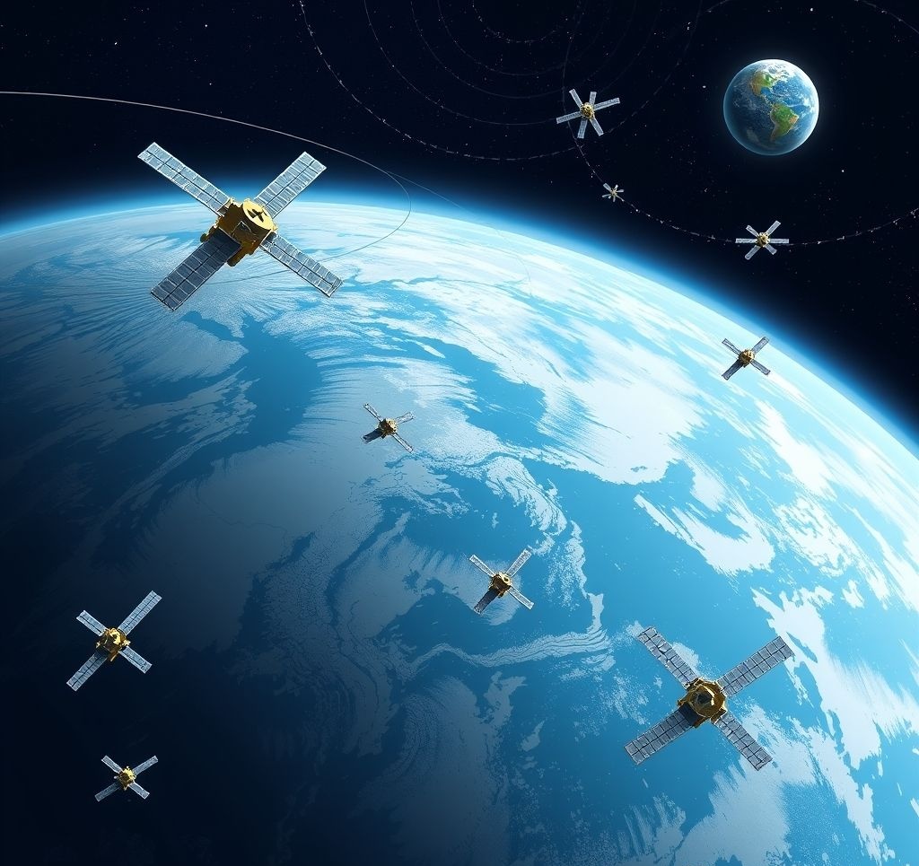 GPS satellite constellation diagram showing satellites orbiting Earth