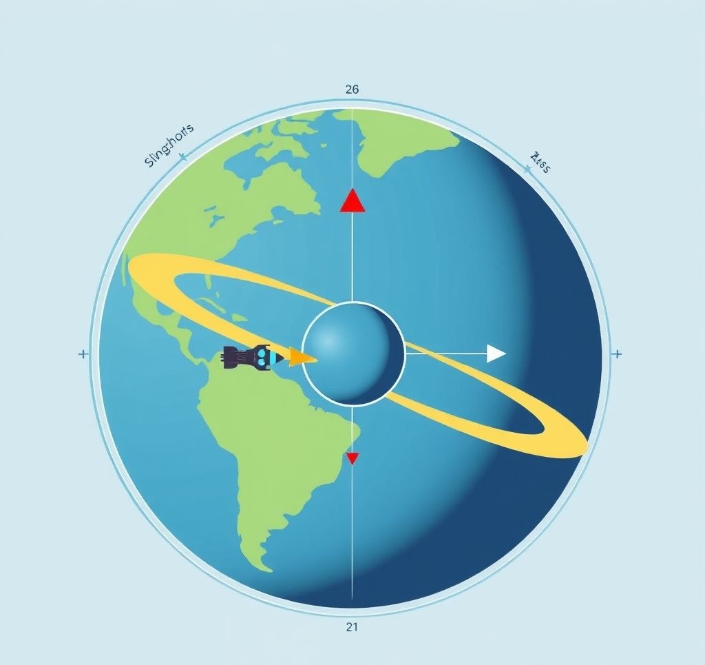 Diagram showing how a spacecraft uses a planet's gravity to accelerate and change direction