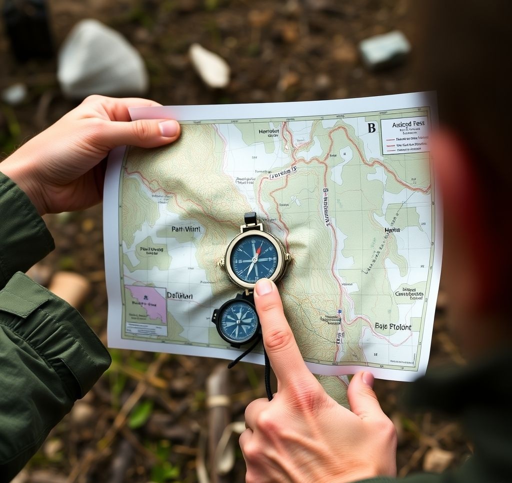 Step-by-step demonstration of orienting a map using a compass