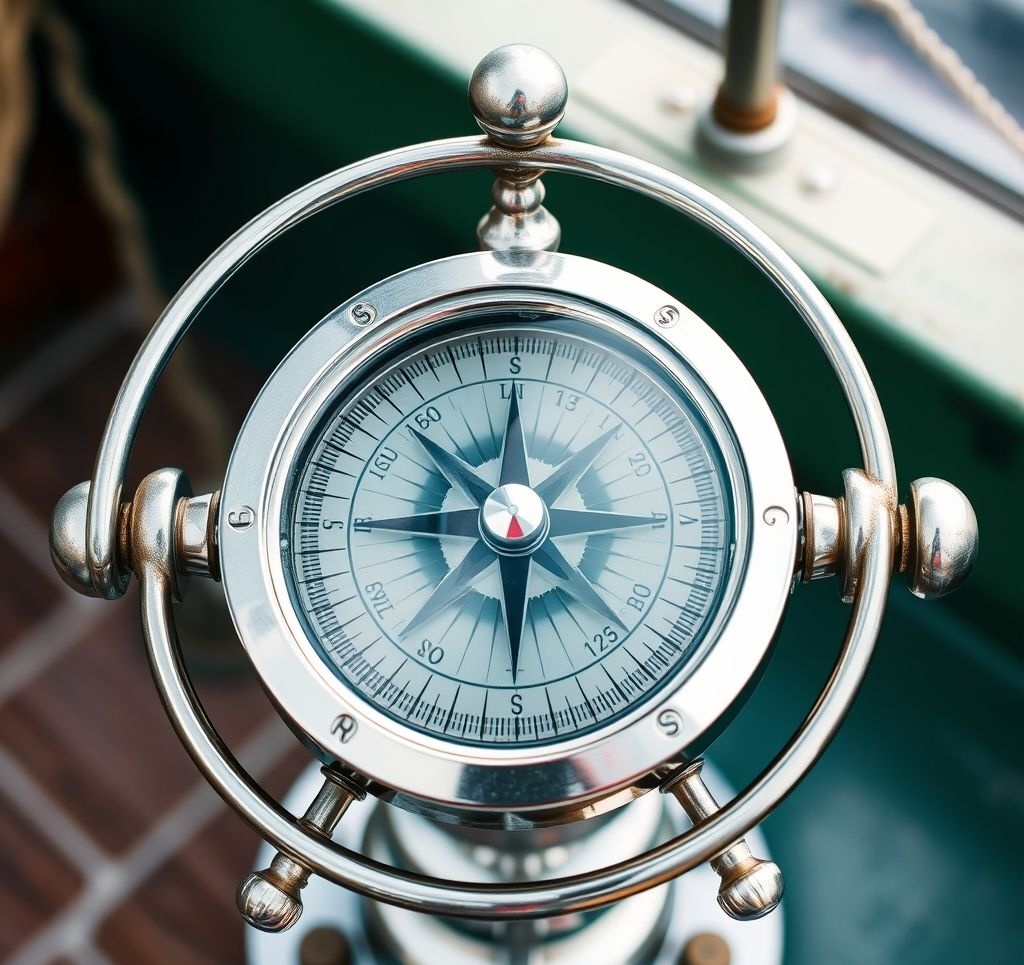 Marine compass mounted on boat with lubber line and compensation