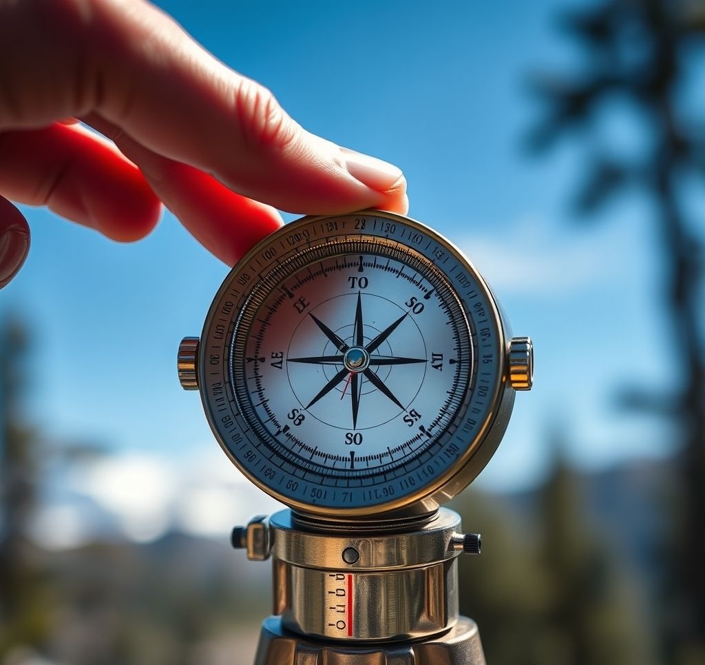 Mirror compass being used to take a precise bearing of distant landmark